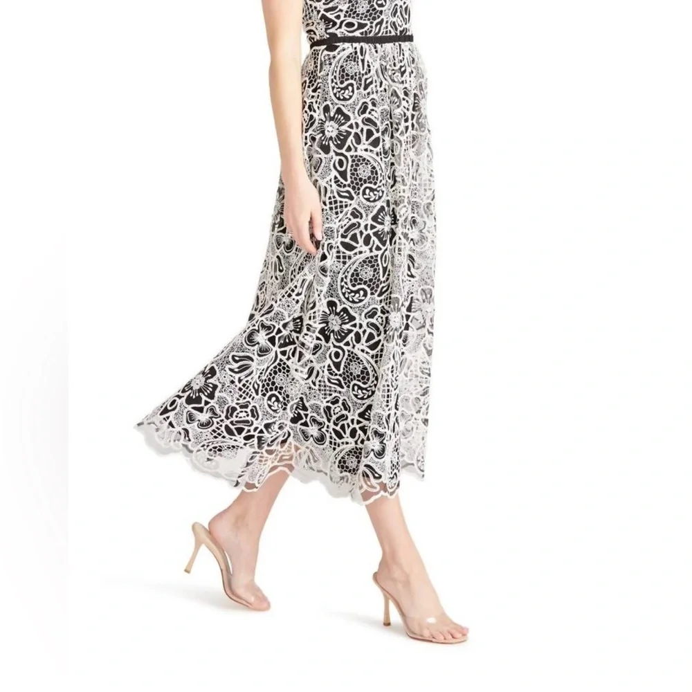 MONIQUE LHUILLIER floral sleeveless midi dress in ecru/black Size 12 - Picture 4 of 14